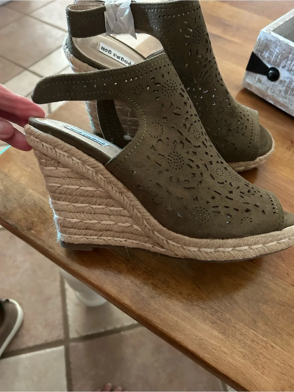 Not Rated Olive Green Laser-Cut Espadrille Wedge Sandals